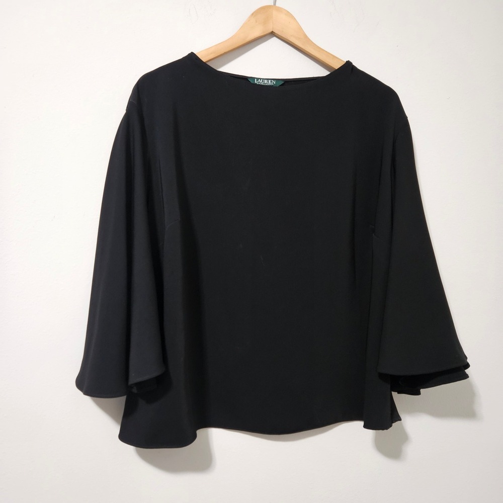 Lauren Ralph Lauren Black Bell Sleeve Boat Neck Blouse Plus Size 1X Top